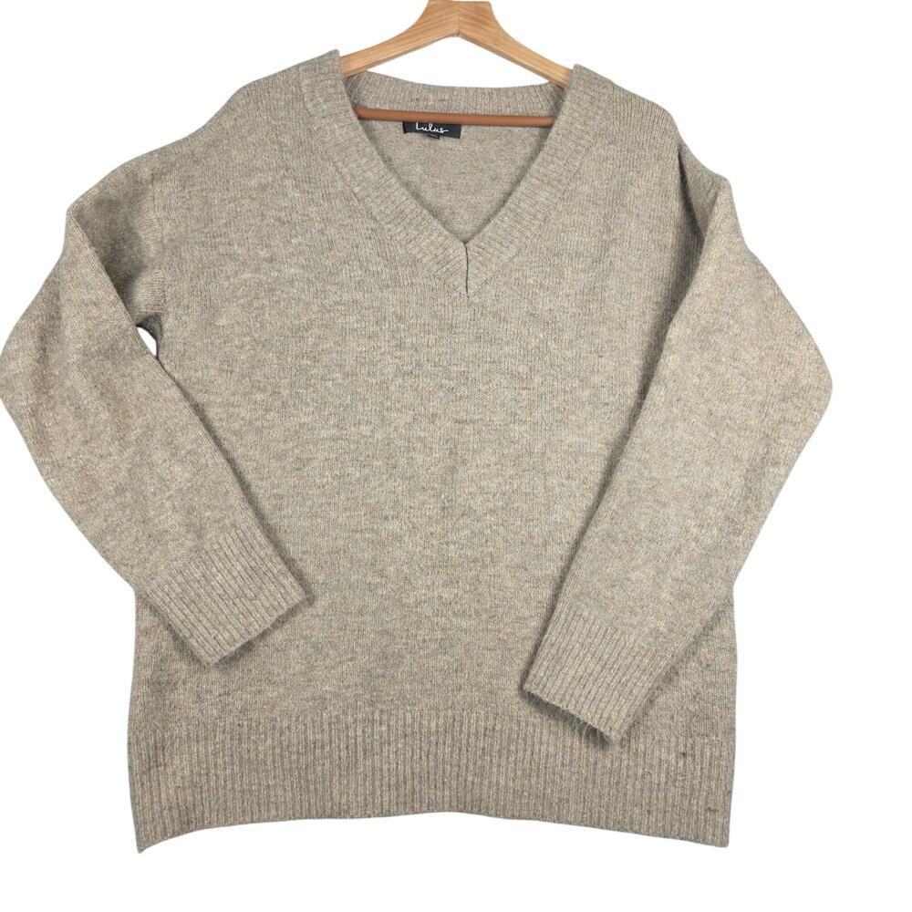 Lulu's Vneck Oversized Beige Sweater